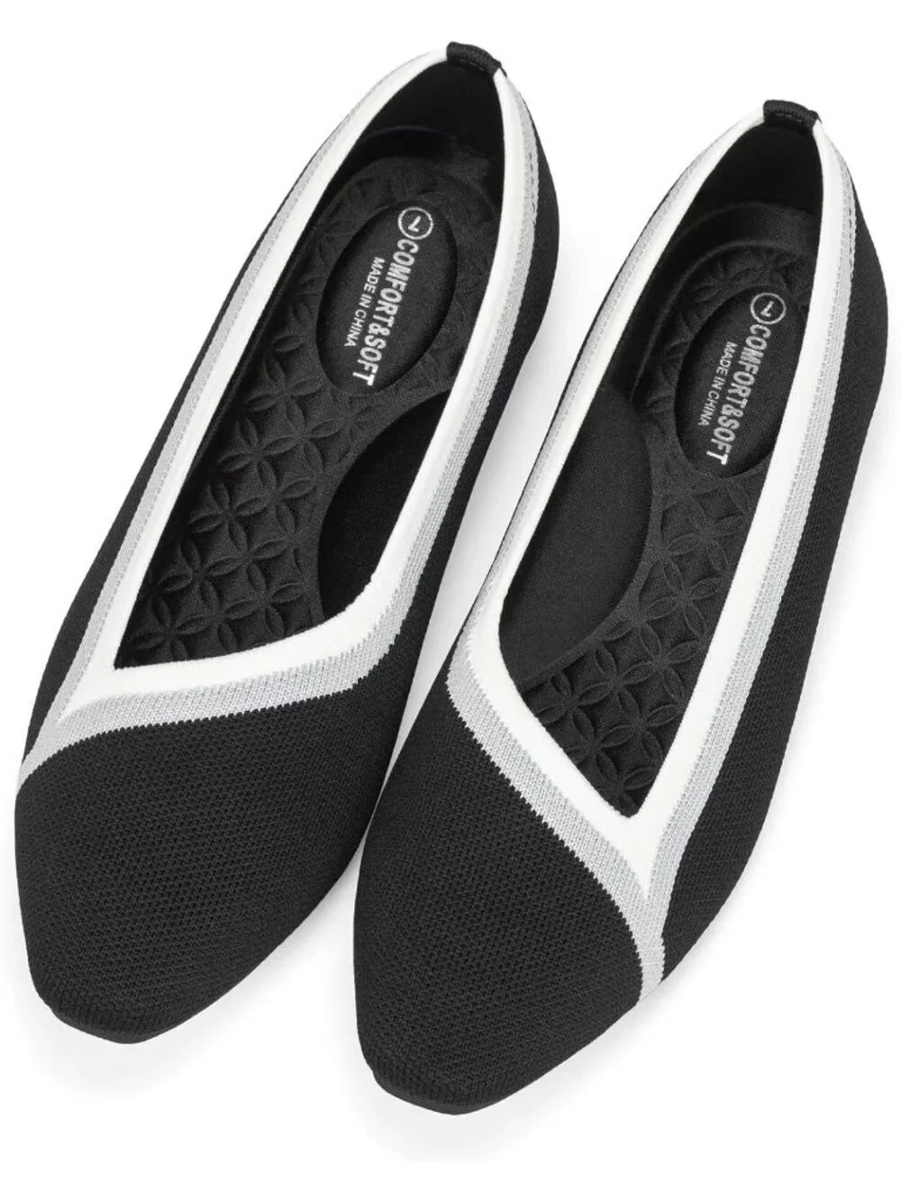 Frank Mully Women's Black Rubber Knitted Square Toe Comfortable Slip On Flats